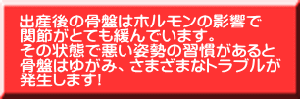 出産後の骨盤はホルモンの影響で関節がとても緩んでいます。 その状態で悪い姿勢の習慣があると骨盤はゆがみ、 さまざまなトラブルが発生します!